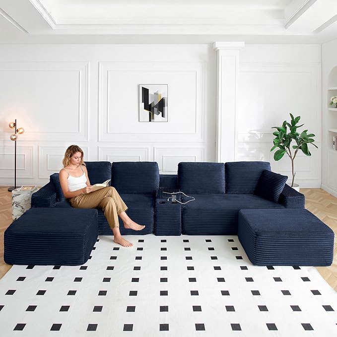 125” Oversized Modular Sectional Sofa, Deep Seat Corduroy Cloud Couch with Cup Holders, USB Ports & Storage Box, Sleeper Sofa Couch Boneless Couches for Living Room, No Assembly Required (Blue)