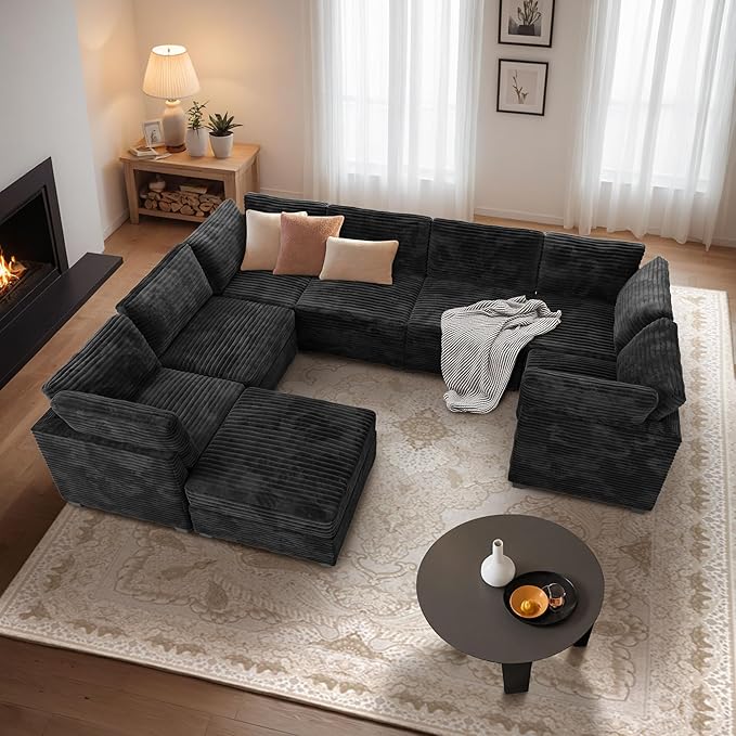 CAODOC Large 8 Seat Modular Sectional Sofa with Ottoman Seat Corduroy Sleeper Sectional Sofa Bed Oversized Convertible Modular Couch for Living Room