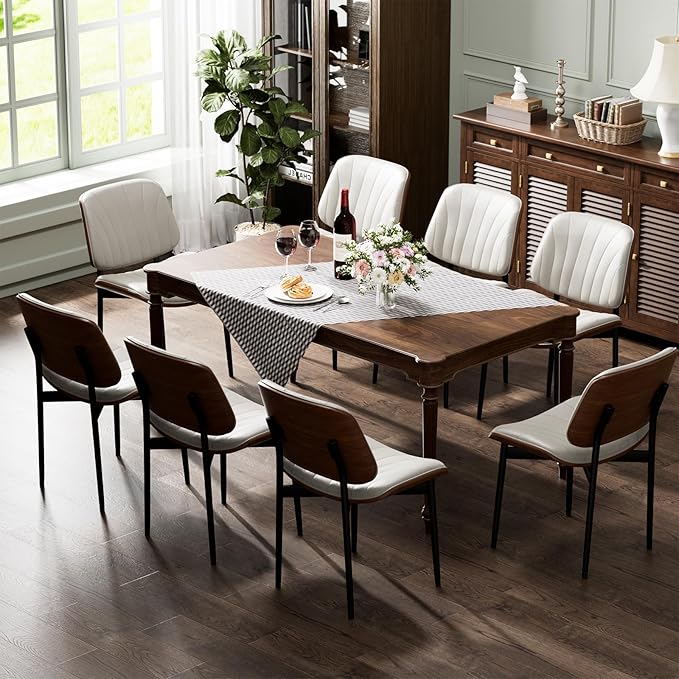 YaFiti Dining Chairs Set of 4, Dining Room and Kitchen Chairs, Mid Century Modern Accent Chair, Upholstered PU Leather Chairs for Vanity with Walnut Bentwood and Metal Legs, Beige