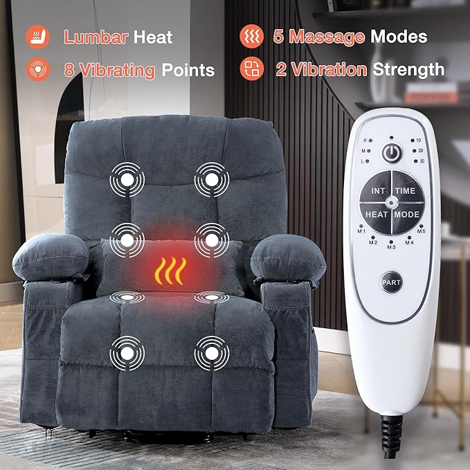 Power Lift Recliner Chair for Elderly with Vibration Massage and Lumbar Heating, Electric Lift Recliner Single Sofa with Side Pocket, Two Cup Holders and USB Charge Port for Living Room
