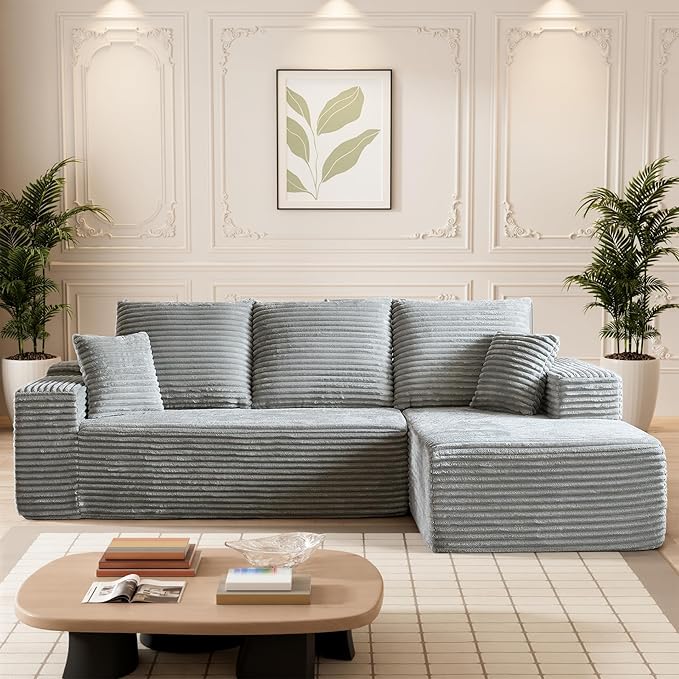 HYJT-H&K Modular Sectional Sofa Cloud Secttional Couch, 107" Comfy L Shaped Couches for Living Room, Deep Seat Memory Foam Fluffy Plush Corduroy Boneless Couch Sectionals Right Facing Sofa Chaise Grey