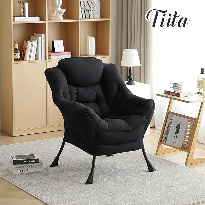 Tiita Lazy Chair, Modern Large Accent Lounge Armchair, Comfy Leisure Sofa Reading Chair for Bedroom, Living Room, Dorm Rooms, Garden and Courtyard, Black
