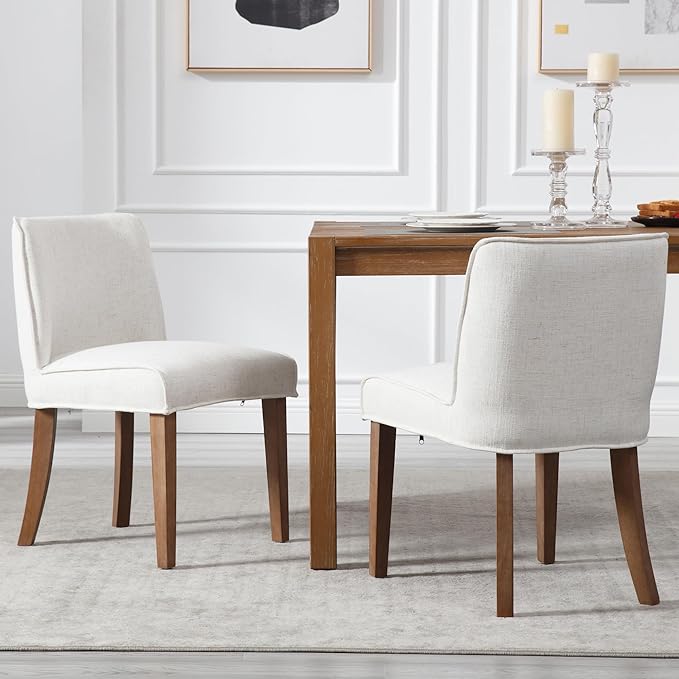 chairus Farmhouse Dining Chairs Set of 4, Upholstered Comfy Dining Room Chairs Linen Fabric Walnut Brown Wood Kitchen Chairs for Dining Table, Living Room, Kitchen, White