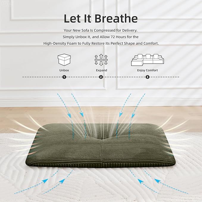 118" Modern L-Shaped Modular Sectional Sofa, Boneless Couches for Living Room, Corduroy Upholstered Sofa with Deep Seat, Oversized 3-Seater Cloud Sectional Couch,No Assembly, Green