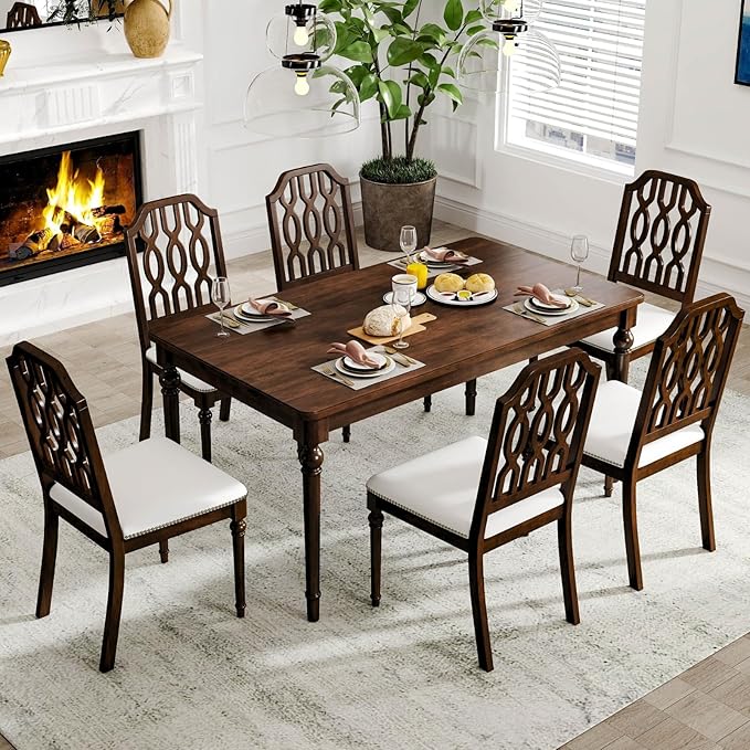 chairus Farmhouse Dining Chairs Set of 2, French Country Vintage Wooden Dining Room Chairs with Lattice Back & Turned Legs, Rustic Chenille Upholstered Nailhead Trim Side Kitchen Chairs, Walnut Brown