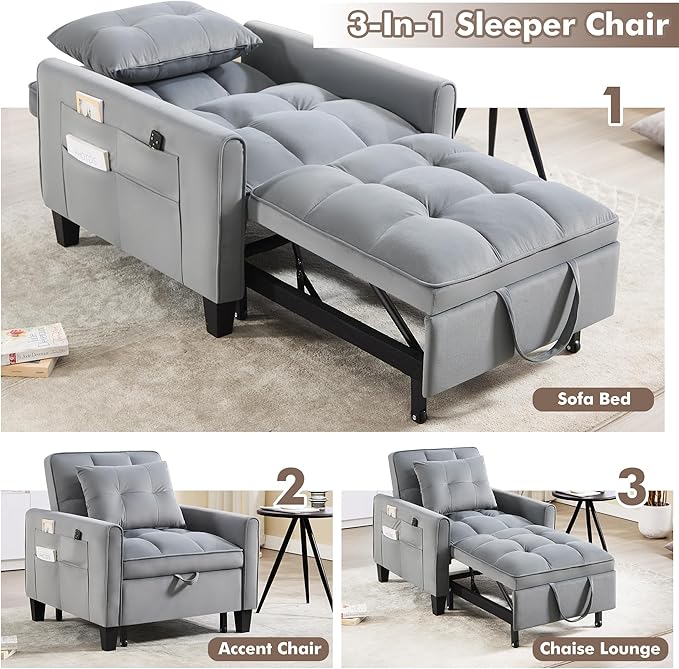 choairy Convertible Sleeper Chair, 3 in 1 Sleeper Chair Bed Pull Out Sofa Bed Chairs, Velvet Single Sofa Beds with Adjustable Backrest for Adults Reading Living Room, Bedroom, Dark Grey