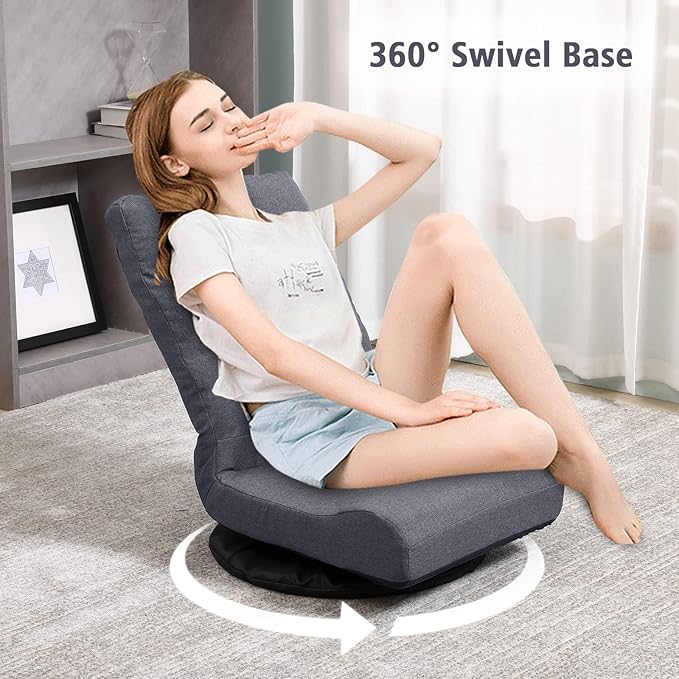 Swivel Floor Chair for Teens，Multipurpose Gaming Chair Rocker for TV, Reading, Playing Video Games Lumbar Support, Adjustable Foldable Backrest (Grey)