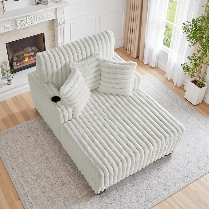 UIXE Chaise Lounge Chair Indoor, Oversized Sleeper Chair with 2 Cup Holders, Faux Fur Upholstered Sofa Bed Comfy Recliner Solid Wood Frame Reading Seat for Living Room, Bedroom, Apartment - Beige