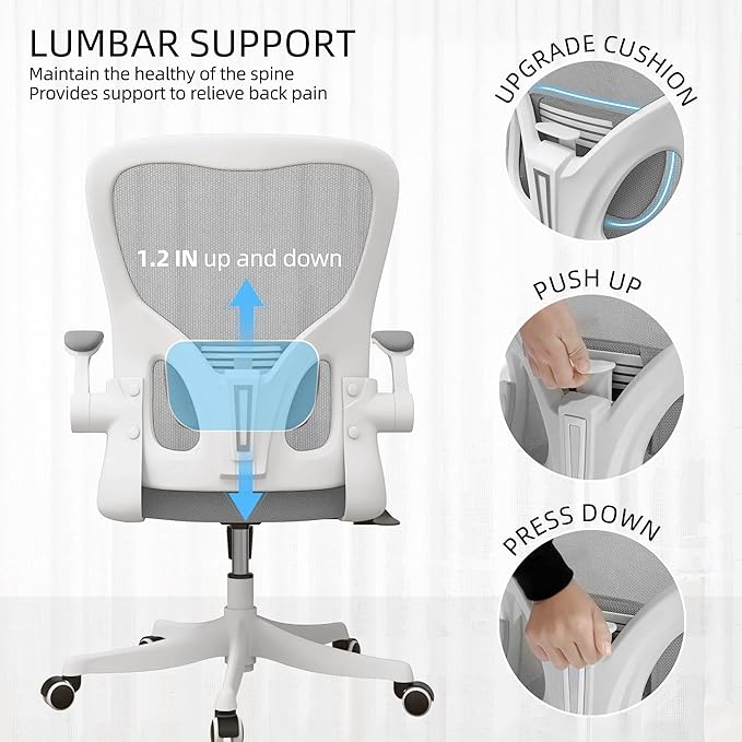 Monhey Office Chair Ergonomic Desk Chair with Lumbar Support&Headrest&Flip-up Arms Height Adjustable Rocking Swivel Computer Chair Multi-Angle from 90° to 125° with 350LBS Capacity (01White+Gray)