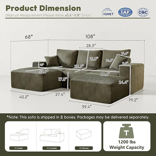 108” U-Shaped Sectional Sofa Couch with High-Seat, Corduroy Modular Cloud Sofa with Chaise ‌and Ottoman, Modern Couches for Living Room, No Assembly Require, Green
