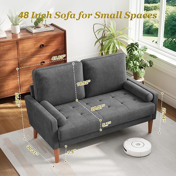 Loveseat Sofa with Solid Wood Legs,48" Small Corduroy Couches for Small Spaces, Mid Century Modern Love Seat for Living Room, Bedroom, Easy Assembly with Throw Pillow, Grey