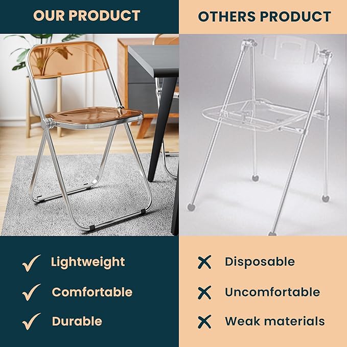 LeisureMod Lawrence Modern Clear Acrylic Folding Chair with Metal Frame, Space-Saving Transparent Seating for Dining Room, Home Office, Bedroom, Vanity or Small Spaces, (Tangerine, Set of 4)