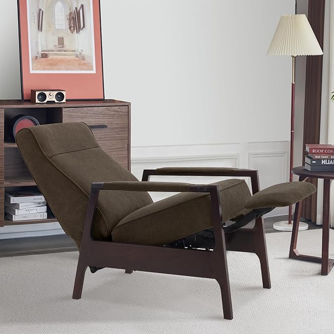 MCombo Pushback Recliner Chair with Wooden Armrests, Upholstered Single Sofa Accent Chair for Living Room and Office, Fabric MR097 (Coffee)