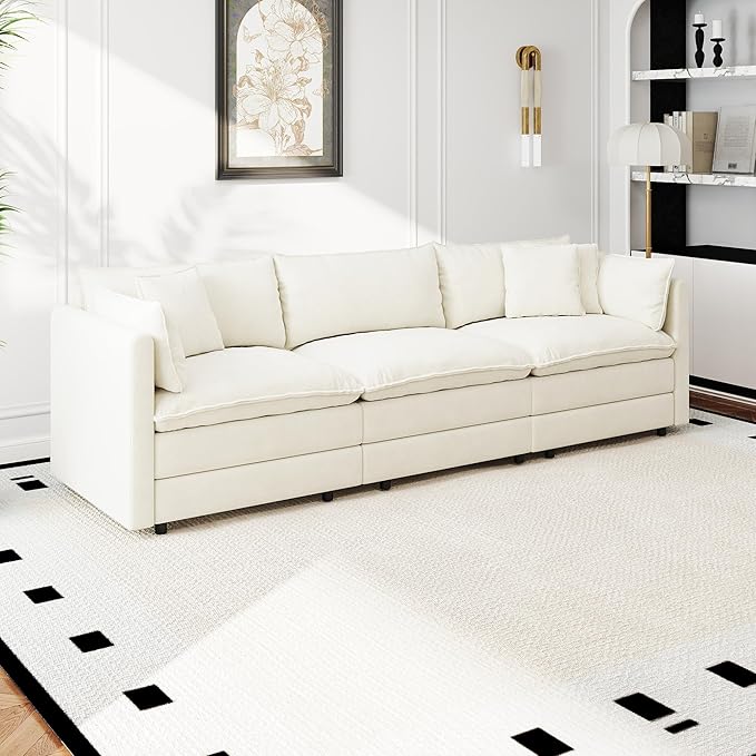 Aoowow Modular Sectional Sofa,112.2 Inch Modern Deep 3-Seater Sofas Comfy Chenille Cloud Sofas and Couches with Pillows for Living Room Apartment（Beige）