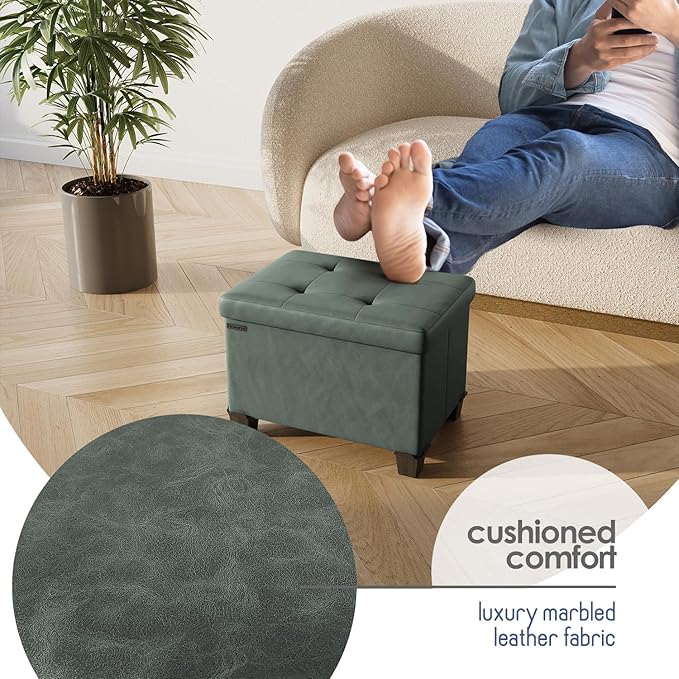 Storage Ottoman Cube with Small Bin, 16-in Square Ottoman with Storage for Living Room and Bedroom, Small Ottomans Foot Rest, Faux Leather Foot Stools Ottomans Max 330lbs, Green