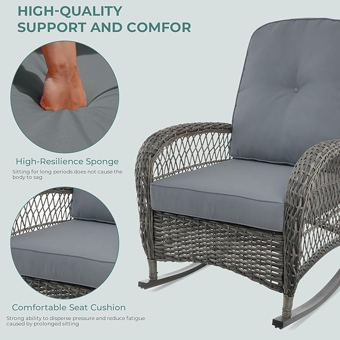 Sgentle Wicker Rocking Chair Set of 2, 3-Piece Outdoor Patio Rocker Chair with Cushions & Steel Frame, All-Weather Outdoor Rattan Rocking Chair with Side Table for Lawn Porch Garden (Grey, Style 3)