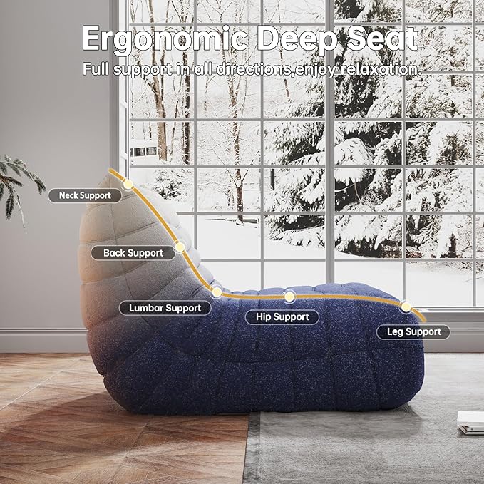 Memory Foam Bean Bag Chair for Adults, Teddy Material Beanbag Sofa with Filler, Cozy Floor Lounge Seat for Living Room, Bedroom, Dorm, Office (Blue White)