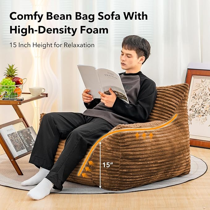 Giant Bean Bag Chair for Adults, Corduroy Upholstered Beanbag Chair with Side Pocket, Comfy Bean Bag Sofa with Portable Handle, Floor Sofa Chair for Bedroom (Brown)