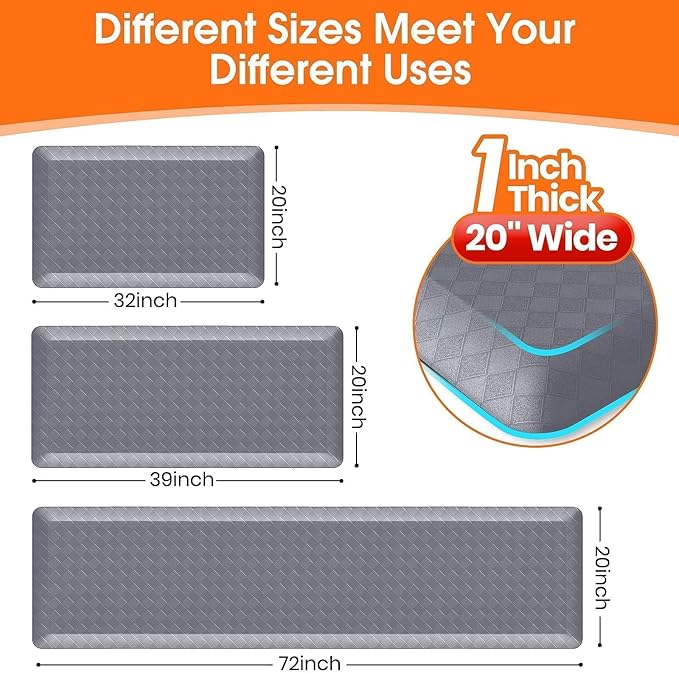 StepRite 1” Thick Kitchen Mats for Floor, Anti Fatigue Kitchen Rugs, Non-Slip,Heavy Duty Waterproof Kitchen Rug, Standing Desk Mat, Gifts for Friends, Family, Home, Kitchen, Office (32" x 20", Grey)