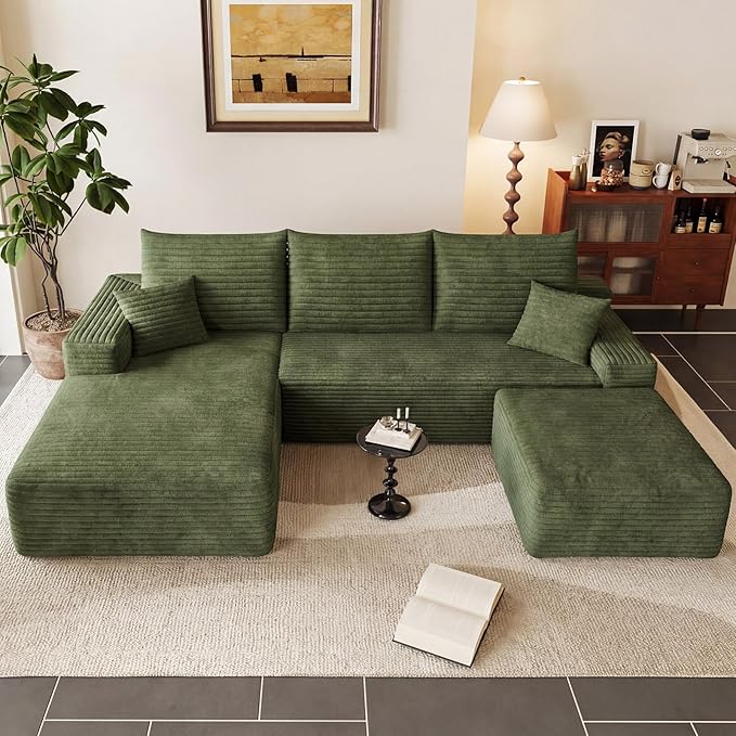 95" Cloud Sectional Couch with Ottoman,Modern U-Shaped Cloud Couch with Deep Seat,Comfy Corduroy 3-Seater Sofa,Memory Foam Sofa for Living Room,No Assembly (Green,Left-Facing Chaise)