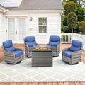 Luxury High Back Patio Furniture Set with Fire Pit Table and 6-Inch Thick Cushions, 5-Pieces Outdoor Furniture 4 Swivel Chairs, Wicker Conversation Set for Porch, Balcony, Deck and Yard, Grey/Blue