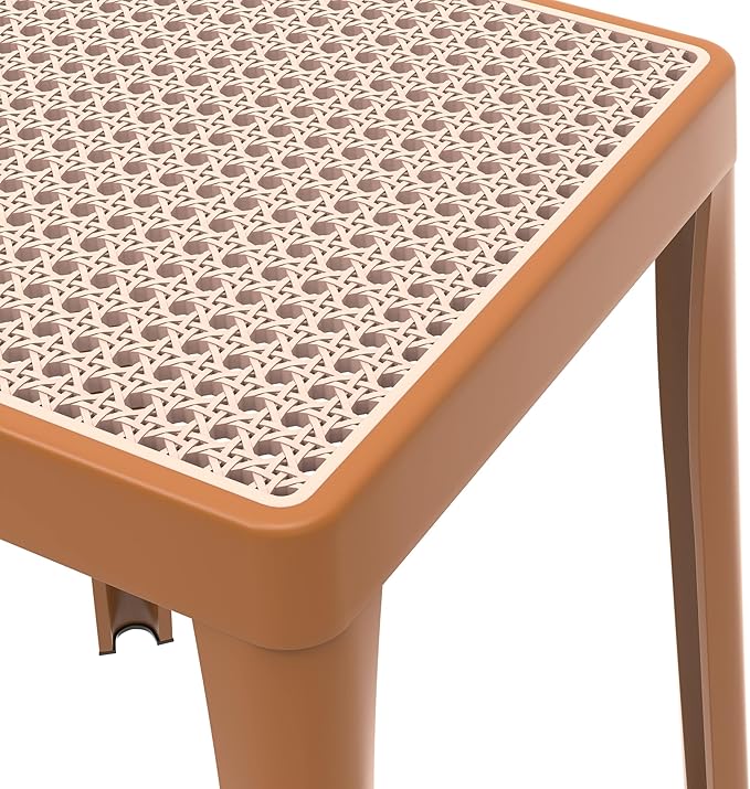 LeisureMod Stackable Square Plastic Dining Stool - Mid-Century Modern Backless Accent Stool with Wicker Top for Kitchen & Dining Room, Yellow