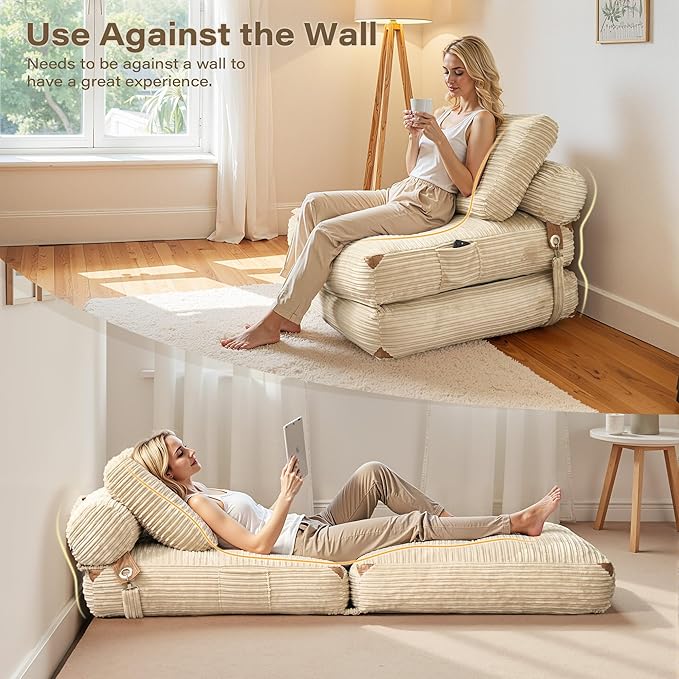 75''Foldable Sofa Bed,Beige Convertible Folding Sleeper Chair Bed,Foldable Single Sofa Foam Filling Couch with Pillow, Comfy Corduroy Lazy Floor Sofa for Small Room Living Room Bedroom Apartment