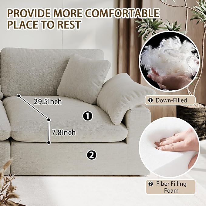 Forest aesthetics 143" Cloud Modular Sectional Sofa,Light Beige Down Filled Sofa 4 Seat with Chaise,Minimalist Sofa Cover Washable and Replaceable Couches for Living Room,Sectional Sofa Deep Seat