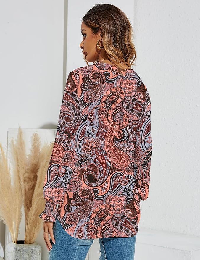 Romanstii Women's Casual V-Neck T-Shirts Loose Puff Long Sleeve Tops Tunic Blouses