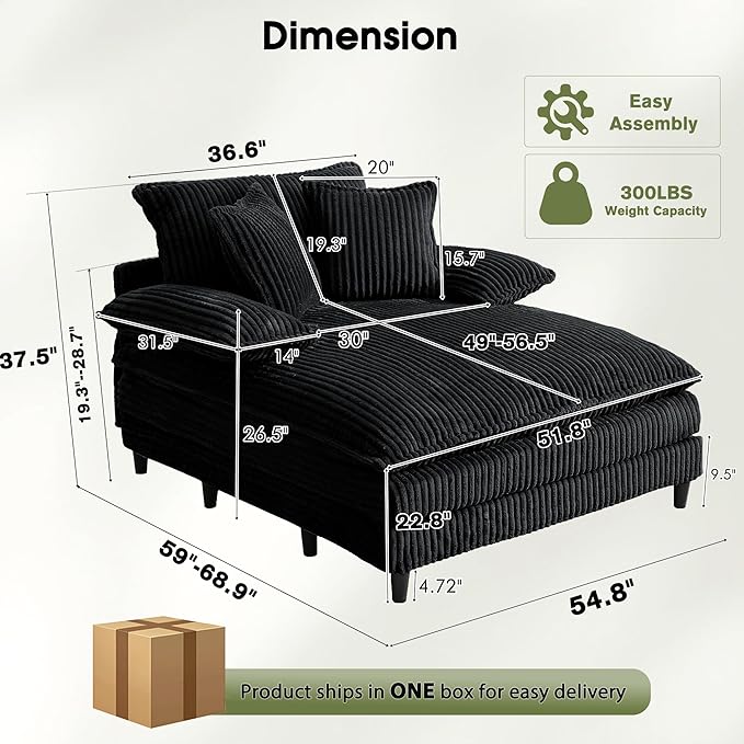 54.8" W Oversized Chaise Lounge Chair Indoor with 5-Position Adjustable Backrest, Corduroy Sleeper Sofa Bed with 3 Pillows, Modern Cloud Couch Chair for Living Room, Bedroom, Black