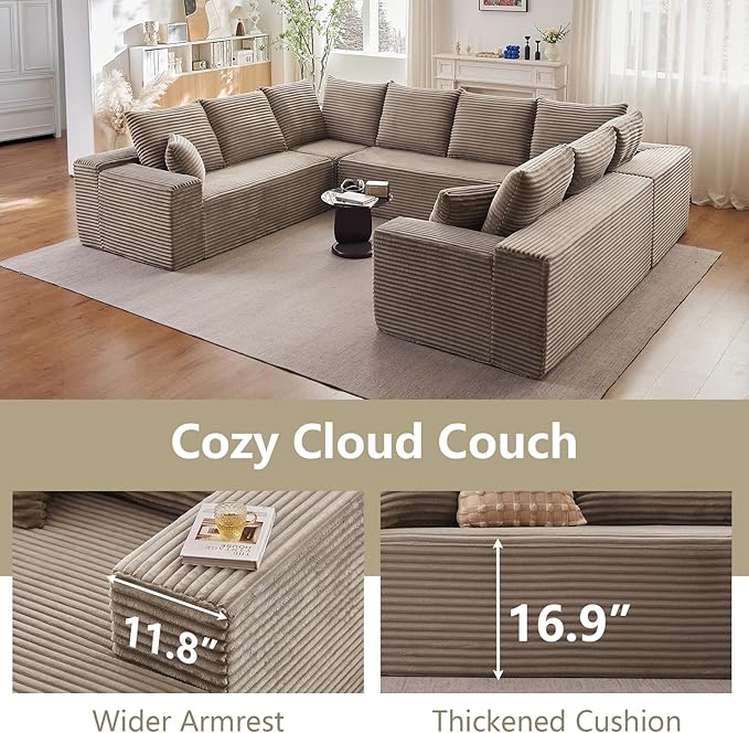 Sectional Cloud Couch for Living Room, Big Comfy Corduroy Couches Set with Fluffy Memory Foam, Modular Floor Deep-Seat Sofa, Stupendous U Shaped Sofas with 12 Pillows, No Assembly Required, Camel
