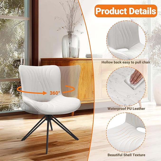 VATROS Dining Chairs Set of 6, 360° Swivel Upholstered Mid-Century Modern Kitchen Dining Room Chairs, Armless Faux Leather Accent Side Chair with Padded Back, Metal Legs for Living Room Bedrooms,White