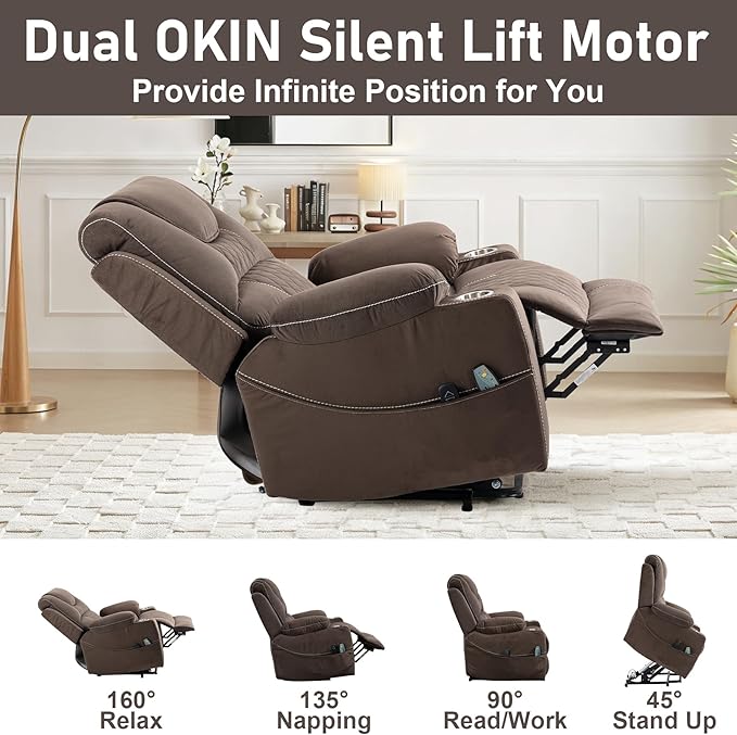 Oversized Power Lift Recliner Chair for Big and Tall 400 LBS, 26" Large Electirc Recliner Chair with Massage and Heating, Lay Flat Zero Gravity Recliner Sofa, Velvet, Coffee Brown