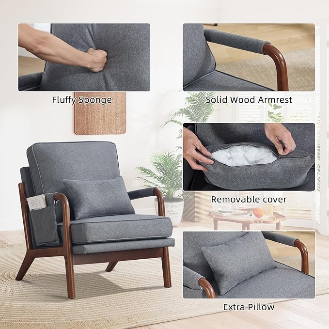 CANMOV Accent Chairs Set of 2, Mid Century Modern Chair with Extra Side Storage Pocket Upholstered Reading Armchair with Waist Cushion, Accent Chair for Living Room Bedroom, Easy Assembly, Grey