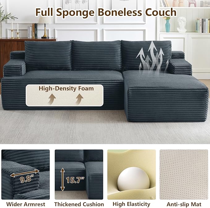 96.1" Modular Sectional Sofa Couches L-Shape Couch 3 Seat Modular Sofa Corduroy Memory Foam Sectional Boneless Couches for Living Room, Cloud Couch with Oversized Chaise(Dark Gray, Right Facing)