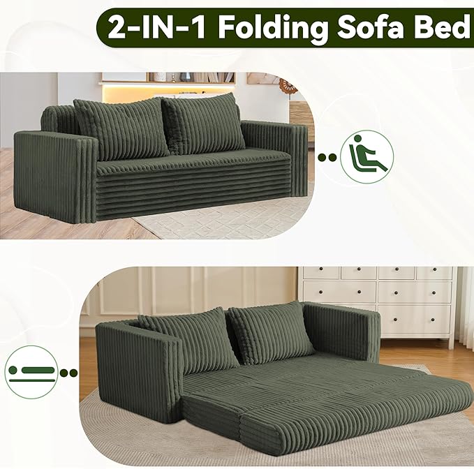 HABUTWAY Folding Sofa Bed, 2 in 1 Convertible Sleeper Chair with 2 Pillows, Portable Fold Out Chair Bed with Armrest, Comfy Floor Couch, Lazy Sofa for Living Room Bedroom Dorm Home Office, Green