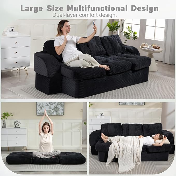 MeMoreCool Cloud Floor Sofa – 3-Seater Convertible Couch Bed, Tufted Corduroy, Black No Assembly | Modular Cushion Design | Compressed in a Box | Comfy for Living Room or Bedroom