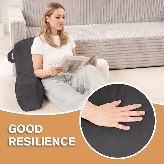 Unisakey Portable Comfy Reading Pillows for Bed Sitting Up(Light Grey Oeko-Tex), Velvet Back Pillow with Arms & Pockets for Adults, Support Memory Foam Bed Pillow for Dorm/Reading/Watching/Gaming