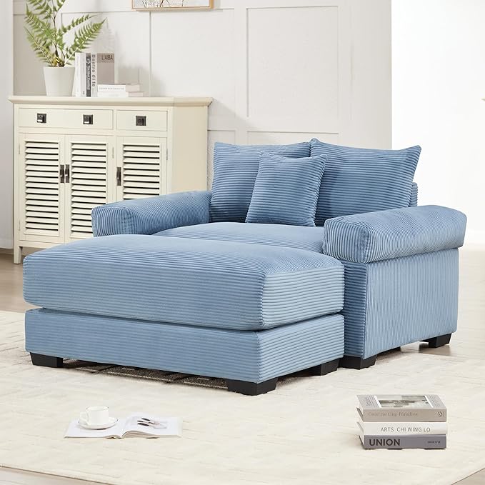 KEIKI 54" Oversized Corduroy Modular Sectional Single Sofa with 1 Ottoman, High-Density Foam Cushions, Extra-Thick Armrests, Modern 1-Seater Lounge Accent Chair with 3 Pillow, for Living Room, Blue