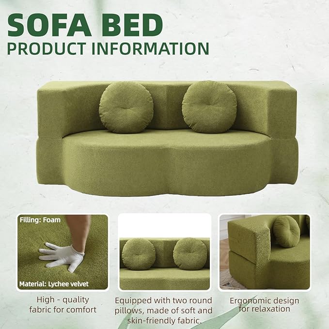 76" Convertible Folding Sofa Bed, 2-in-1 Twin Size Loveseat Sleeper Couch Bed with Two Pillows, Foldable Space-Saving | Design for Dorms Apartments Bedroom& Living Room,No Assemble(Green)