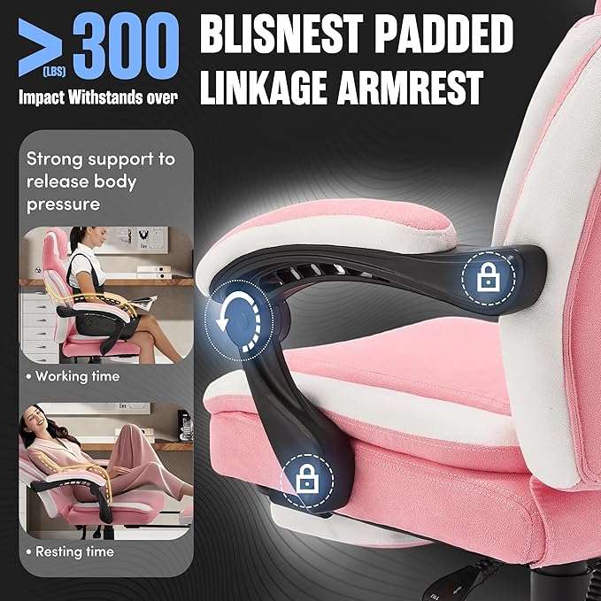 Massage Office Chair with Footrest,6-Point Vibration and Heat Executive Office Chairs,Ergonomic Desk Chair for Heavy People,500LBS Big and Tall Fabric Office Chair,Reclining Managerial Chair,Pinkwhite