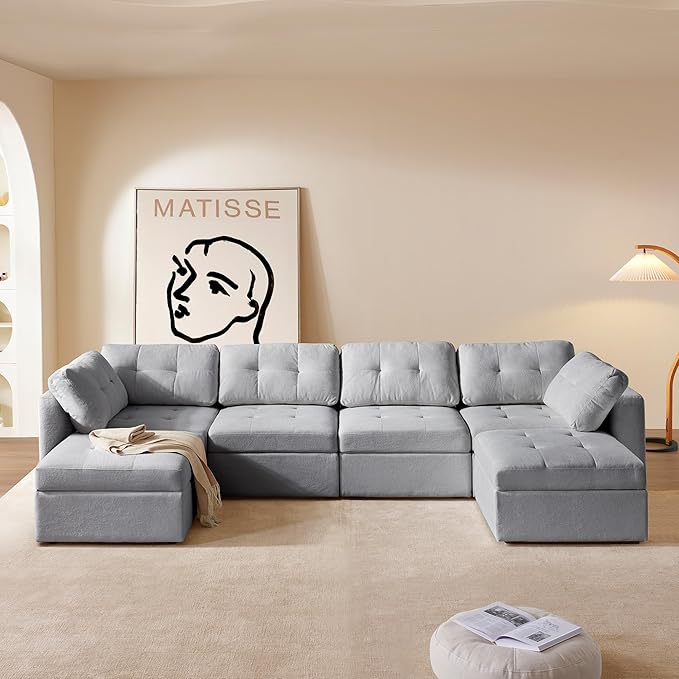 ORRD Oversize Modular Sectional Couch, Convertible U Shaped Sofa with Storage, 6 Seater Sofa Modular with Ottomans and Reversible Chaise for Living Room, Office (Grey)