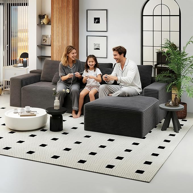 KAPEETOO Modular Sectional Sofa Cloud Couch for Living Room, Right L Shaped Boneless Couch with Chaise Longue, Oversize 3-Seater Sectional Sleeper Sofa Set with Deep Seat Bedroom (Grey)