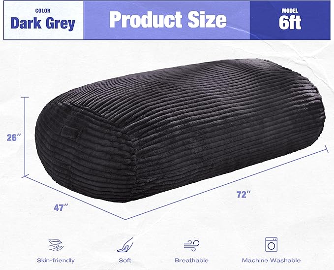 Hobestluk 6FT Bean Bag Chairs Adult Bean Bag with Portable Handle Comfy Large Bean Bag Lounge Chair with Removable Cover for Living Room Bedroom (Stripe Dark Grey, 6FT)