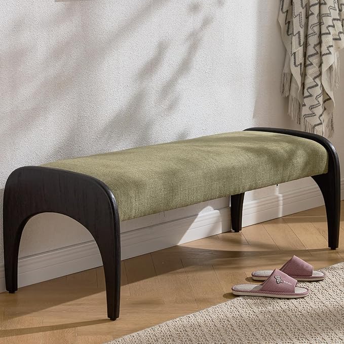 DUOMAY Modern 51" Wide Ottoman Bench, Long Entryway Bedroom Bench with Solid Wood Legs and Linen Upholstered Dining Bench Storage Bench for Living Room Indoor, Kitchen, Green