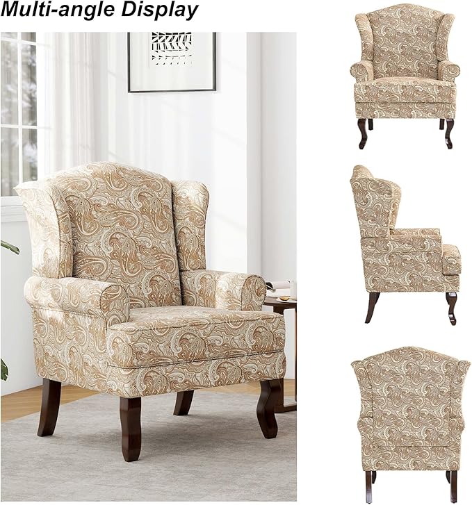 DREAMSIDEA Accent Chair, High Back Upholstered Armchair with High Resilience Sponge & Wood Legs, Mid-Century Modern Comfy Single Sofa Reading Chairs for Living Room, Bedroom (Floral Sand, Set of 1)