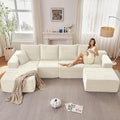 Lakifun 135" L-Shape Sofa with Ottoman, Modern Modular Sectional Comfy U-Shape Cloud Couch, Deep Seat, Upholstered Corduroy Sleeper Chaise Longue for Living Room Bedroom, No Assembly Required, White