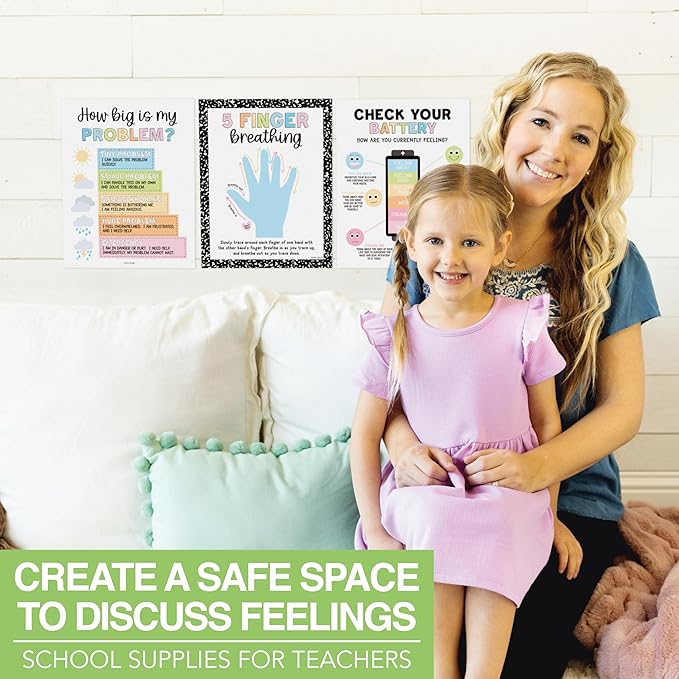Hadley Designs 9 Calming Corner Posters For Classroom Must Haves For Teachers - 11x14 Calm Down Corner Supplies, Feelings Chart For Kids Ages 4-8, Feelings Wheel Poster, Pastel Classroom Decor