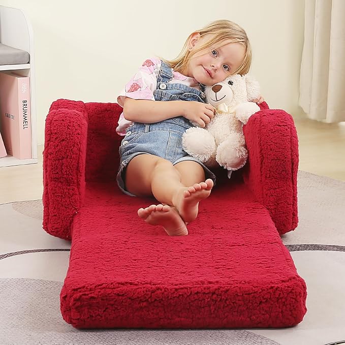Kids Sofa, 2-in-1 Flip-Out Foam Couch with Soft Sherpa Cover, Cozy Play Lounge Chair, Red