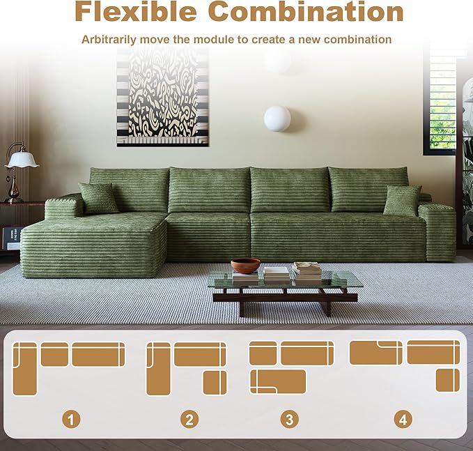 AUGOP 136" Sectional Couches for Living Room Modern Modular Sofa with L-Shape Couchs Upholstered Boneless Couch Deep Seat Sectional Couch with Chaise (Green, Left Facing Chaise+3Seaters)